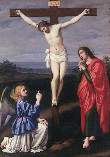 Sassoferrato, San Giovanni Evangelista e un angelo adoranti il crocefisso