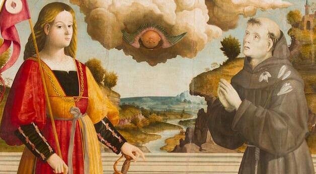 Lorenzo di Giovanni de Carris detto il Giuda, Madonna col Bambino in gloria tra i santi Giuliano e Antonio da Padova (particolare)