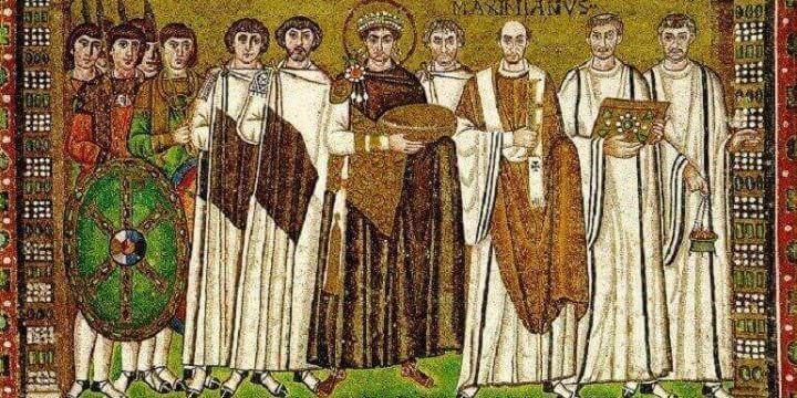 Giustiniano raffigurato su un mosaico nella chiesa di San Vitale a Ravenna