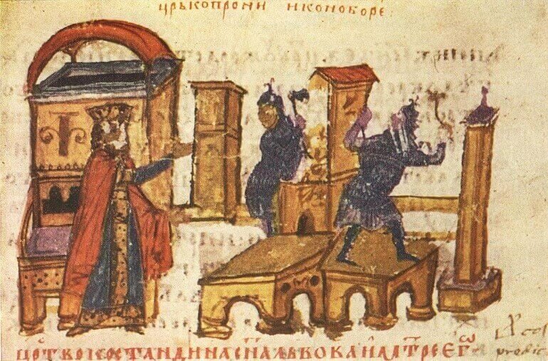 Costantino V ordina la distruzione delle icone, miniatura dalla Cronaca di Costantino Manasse