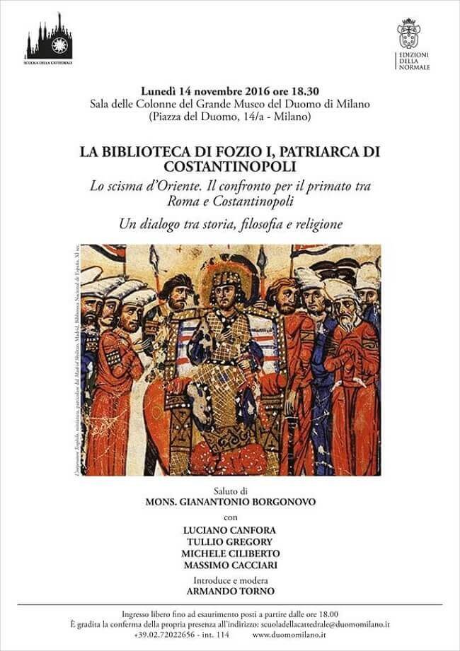 Locandina della presentazione a Milano della Biblioteca di Fozio