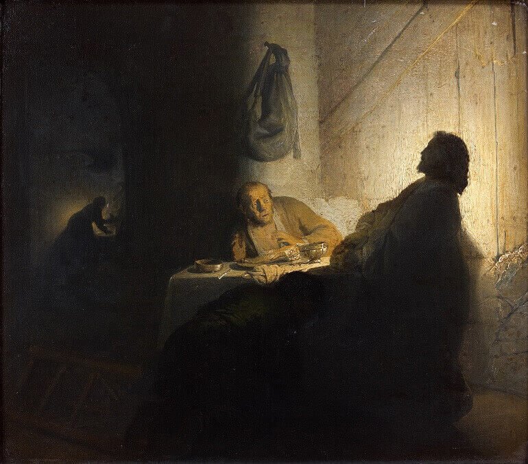 Rembrandt (1606-1669) Le Repas des pèlerins d’Emmaüs - Vers 1629 - Huile sur papier marouflé sur bois - 37,4 x 42,3 cm Paris, Musée Jacquemart-André – Institut de France © Paris, Musée Jacquemart-André - Institut de France / Studio Sébert Photographes