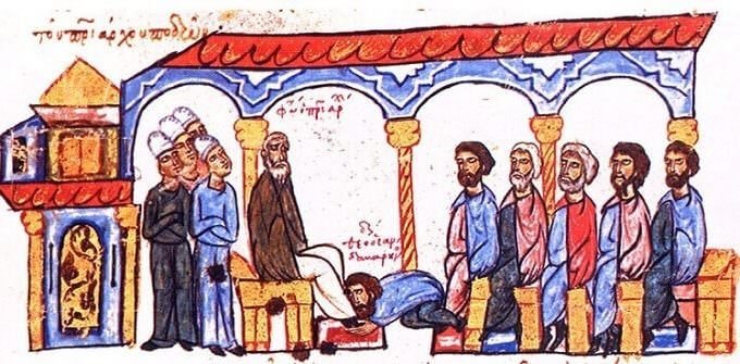 Il monaco Sandabarenos bacia i piedi al patriarca Fozio I