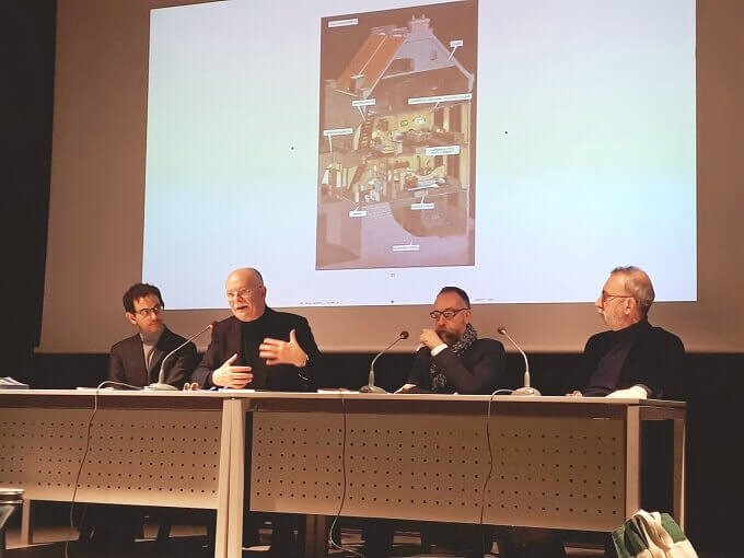 Da sinistra Gianluca Trezzi, Walter Barberis, Giorgio Albertini e Marco Vigevani al Memoriale della Shoah di Milano