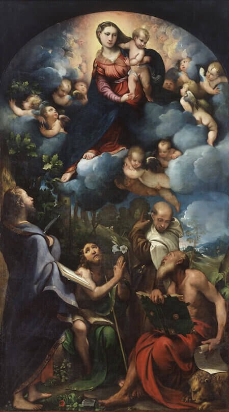 Camillo Boccaccino, Madonna col bambino in gloria tra i santi Bartolomeo, Giovanni Battista, Alberto da Trapani e Girolamo (Pinacoteca di Brera)