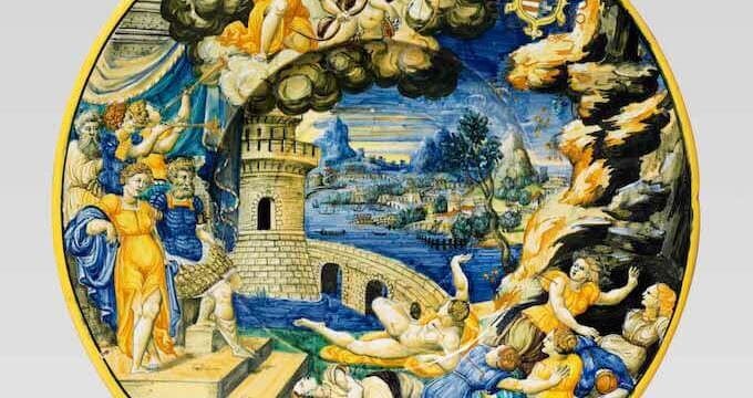 Piatto, La morte dei figli di Niobe. Urbino, bottega di Francesco Durantino, 1537-45. Collezione privata