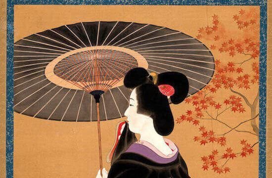 Kaburagi Kiyokata (1878-1972), Una geisha con parasole, sotto un acero con foglie autunnali. 1920-1939. Dipinto a inchiostro e colori su seta 45,7×50,9 cm Collezione Perino © 2020 MUSEC/Fondazione culture e musei, Lugano