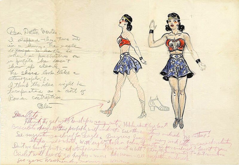 Harry G. Peter, Primo disegno di Wonder Woman, con note di William Moulton Marston / First Wonder Woman drawing, with notes from William Moulton Marston. c. 1941 DC Comics. WONDER WOMAN and all related characters and elements TM & © DC. Used with permission.