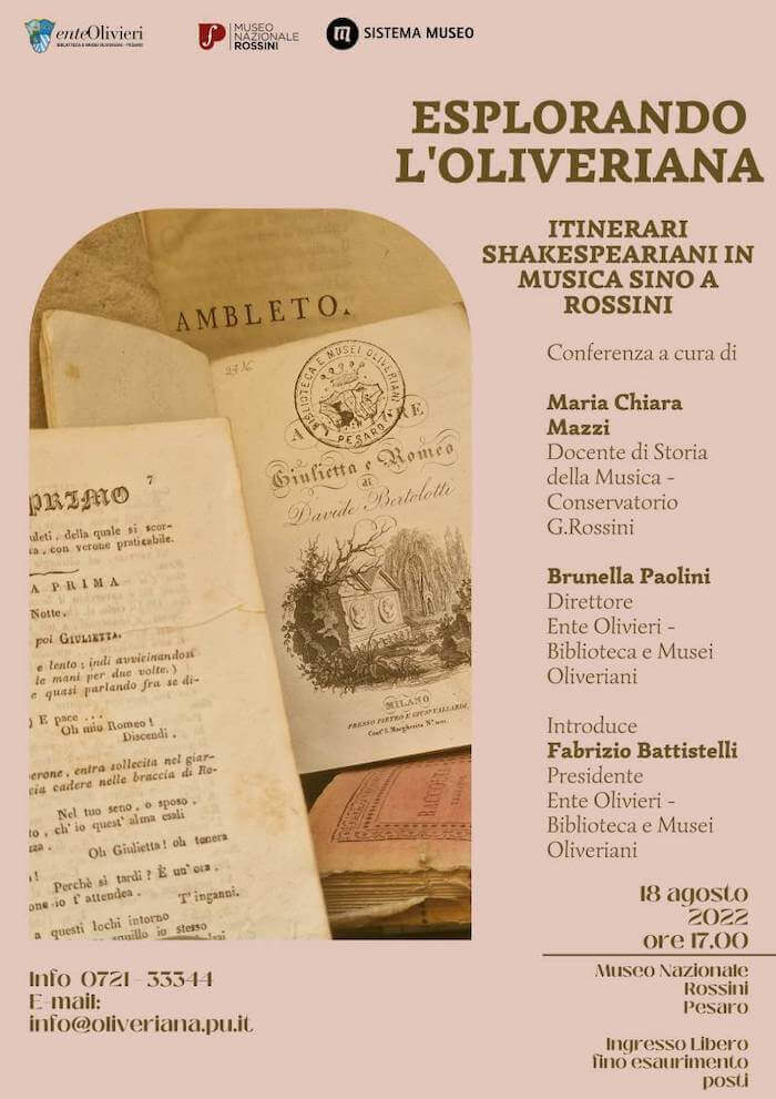 Locandina dell'evento "Esplorando l'Oliveriana. Itinerari Shakespeariani in musica sino a Rossini"