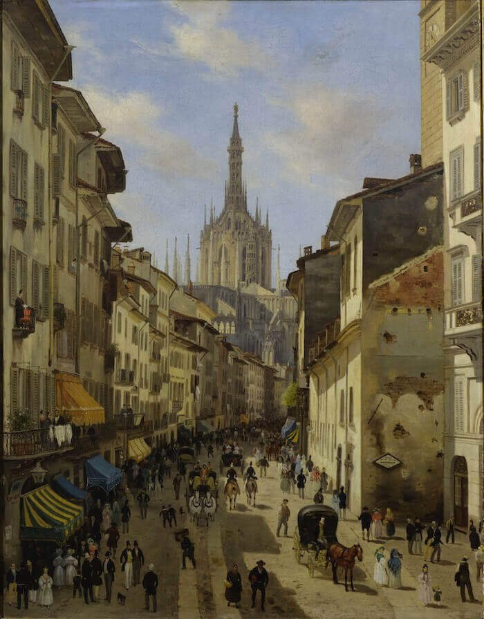Giuseppe Canella, Veduta della Corsia dei Servi a Milano, 1833. Olio su tela, 81,5x64 cm. Collezione Gastaldi Rotelli, Milano