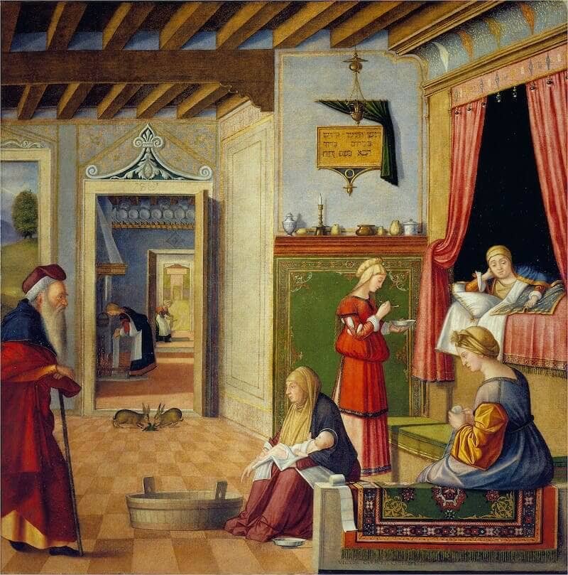 Vittore Carpaccio, Nascita della Vergine (1502 / 1503 circa). Olio su tela. Bergamo, Accademia Carrara, inv. n. 81LC00235