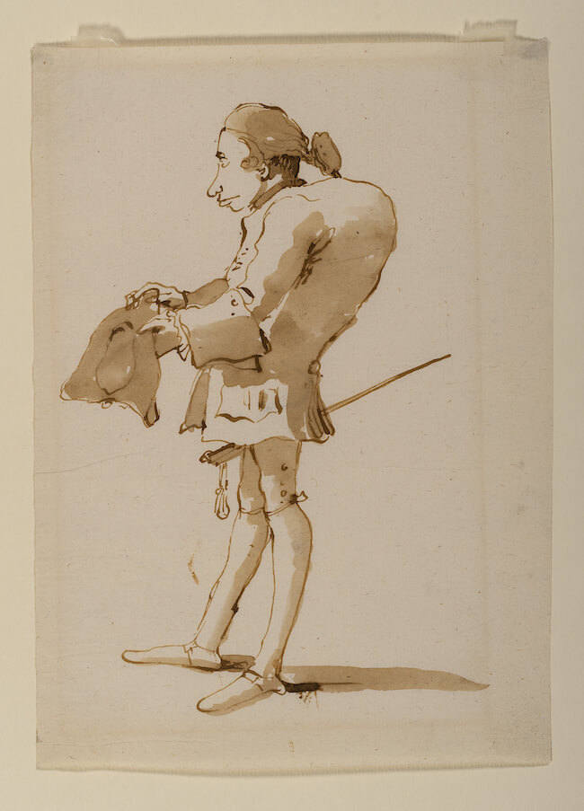 Giambattista Tiepolo, Caricatura di uomo gobbo in piedi e di profilo, con tricorno in mano e spada