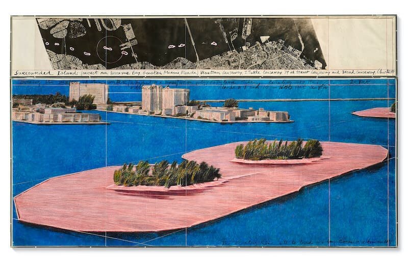 Christo e Jeanne-Claude Surrounded Islands, 1981. Tecnica mista su carta, in due parti, cm 147,5x245x5