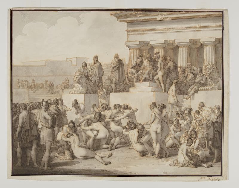 Giovanni De Min, Lotta delle Spartane, penna e inchiostro bruno, pennello e inchiostro diluito bruno e grigio su traccia a grafite su carta. Milano, Castello Sforzesco, Gabinetto dei Disegni. © Comune di Milano, tutti i diritti riservati – Gabinetto dei Disegni del Castello Sforzesco, Milano.