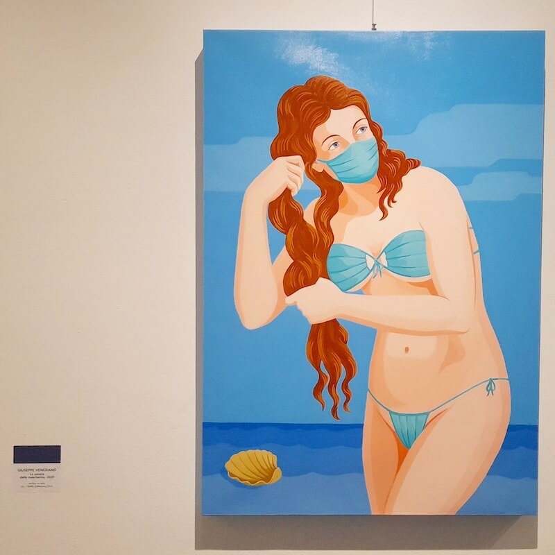 Giuseppe Veneziano, La Venere della mascherina, 2020. Acrilico su tela, 110x80 cm. Collezione Orrù