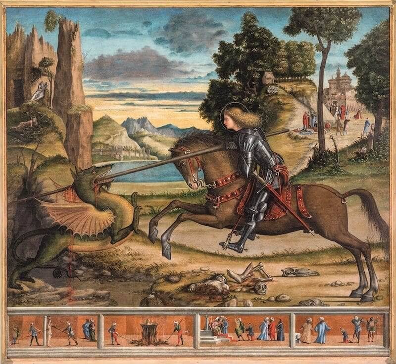 Vittore Carpaccio, San Giorgio che uccide il drago e quattro scene del suo martirio. Venezia, Abbazia di San Giorgio Maggiore, Benedicti Claustra Onlus. Foto Mauro Magliani