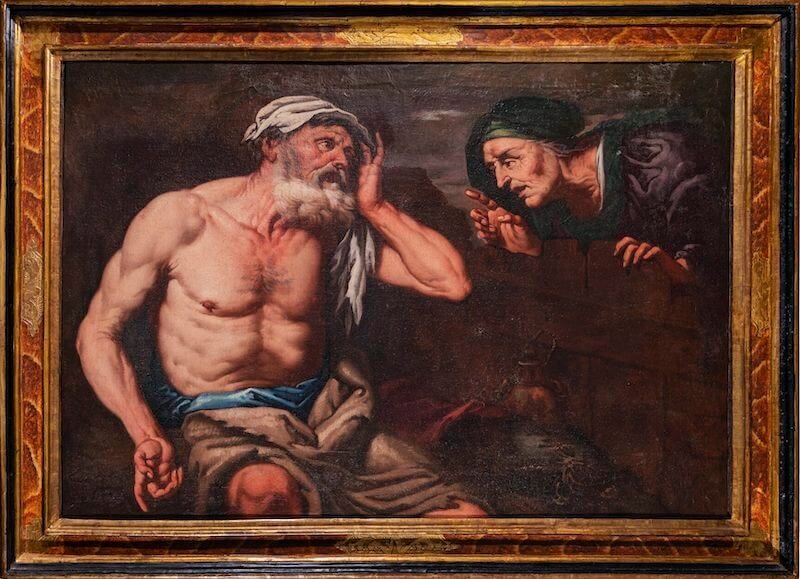 Gian Battista Langetti, Giobbe rimproverato dalla moglie, XVII secolo, olio su tela, 96x136 cm. Foto di Flavio Pescatori