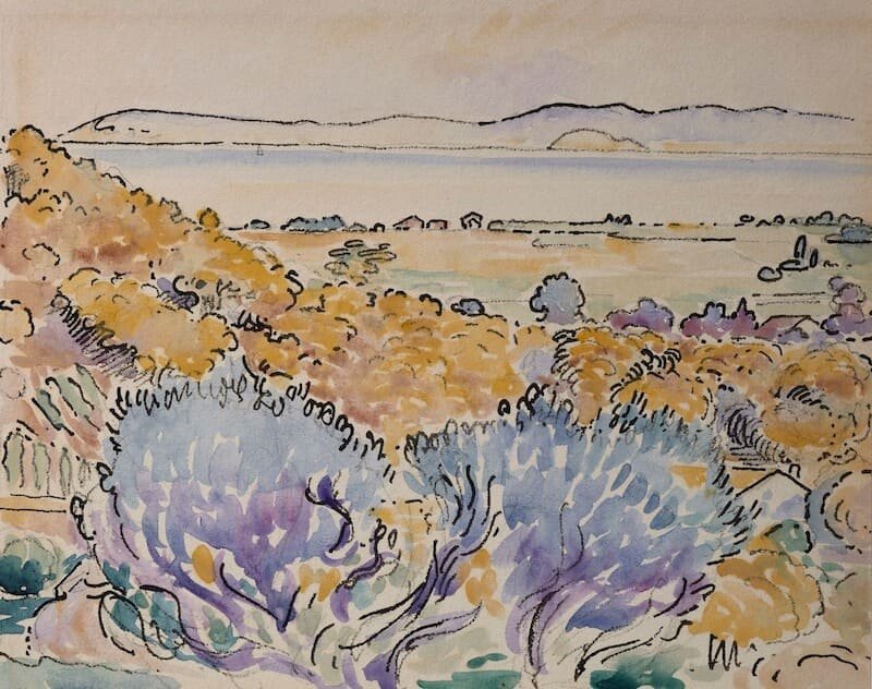 Henri-Edmond Cross, La costa provenzale (1908 circa). Inchiostro di china e acquerello su schizzo di matita su cartone, 17 x 21,2 cm. Lascito Agutte-Sembat nel 1923. Musée de Grenoble, MG 2260 - foto VILLE DE GRENOBLE / MUSÉE DE GRENOBLE-J.L. LACROIX