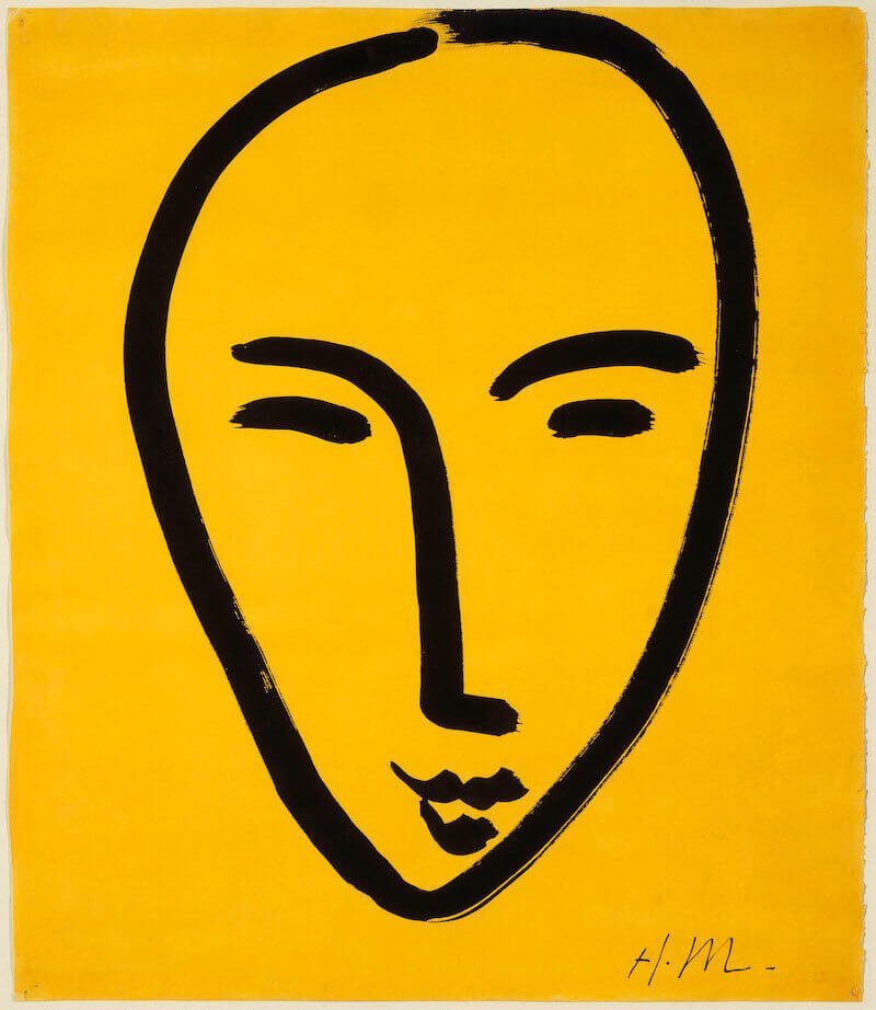 Henri Matisse, Viso su fondo giallo (1952). Gouache e inchiostro di china su carta Ingres, 75,2 x 64,7 cm. Donazione di Pierre Matisse nel 1991. Centre Pompidou, Parigi - Musée national d’art moderne / Centre de création industrielle. In deposito dal 1993, Musée de Grenoble AM 1991-281. foto RMN-Grand Palais / Philippe Migeat / RMN-GP / Dist. Photo SCALA, Firenze - © Succession H. Matisse, by SIAE 2024