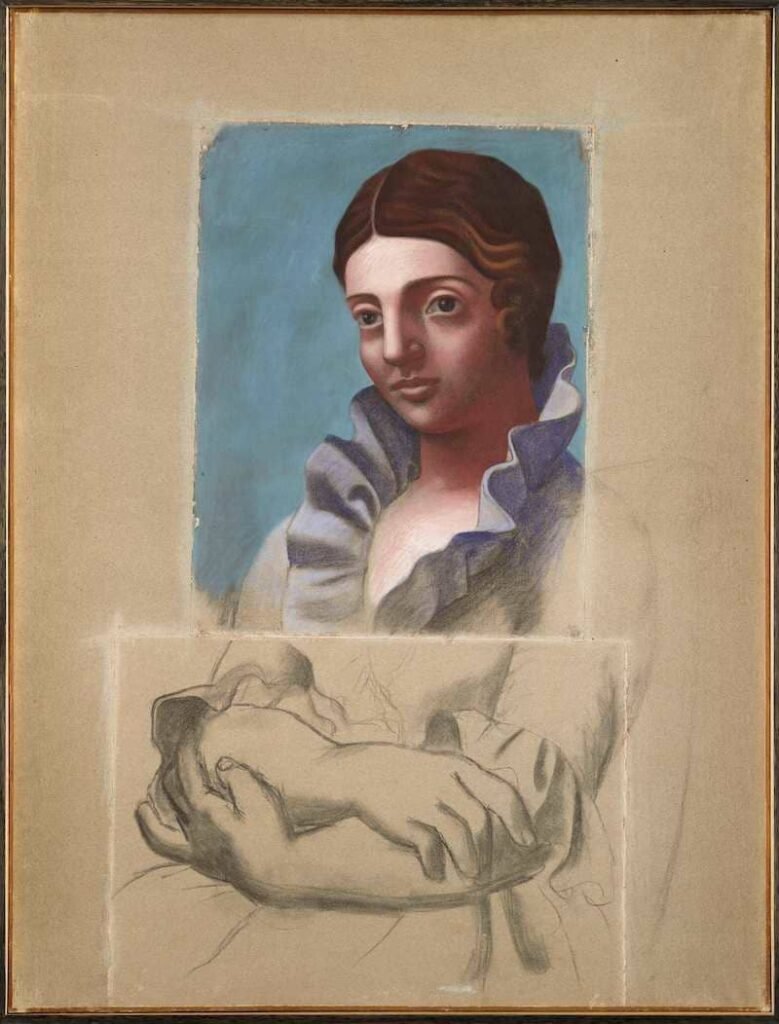 Pablo Picasso, Ritratto di Olga (1921). Pastello e carboncino su carta, 129 x 98 cm. Musée national Picasso–Paris Dation Jacqueline Picasso, 1990 MP1990-70, in deposito al Musée de Grenoble. RMN-Grand Palais / Mathieu Rabeau / RMN-GP / Dist. Photo SCALA, Firenze © Succession Picasso, by SIAE 2024